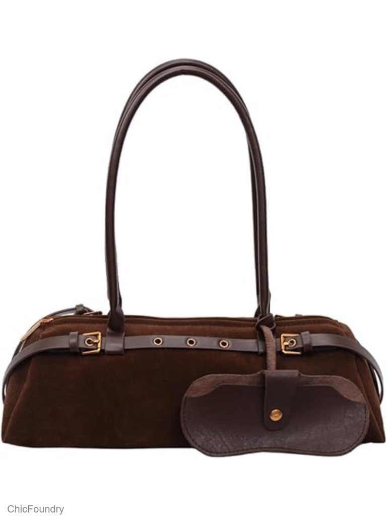 Suede Fabric Boston Shoulder Bag, Bowling Bag Purse, Retro Underarm Tote